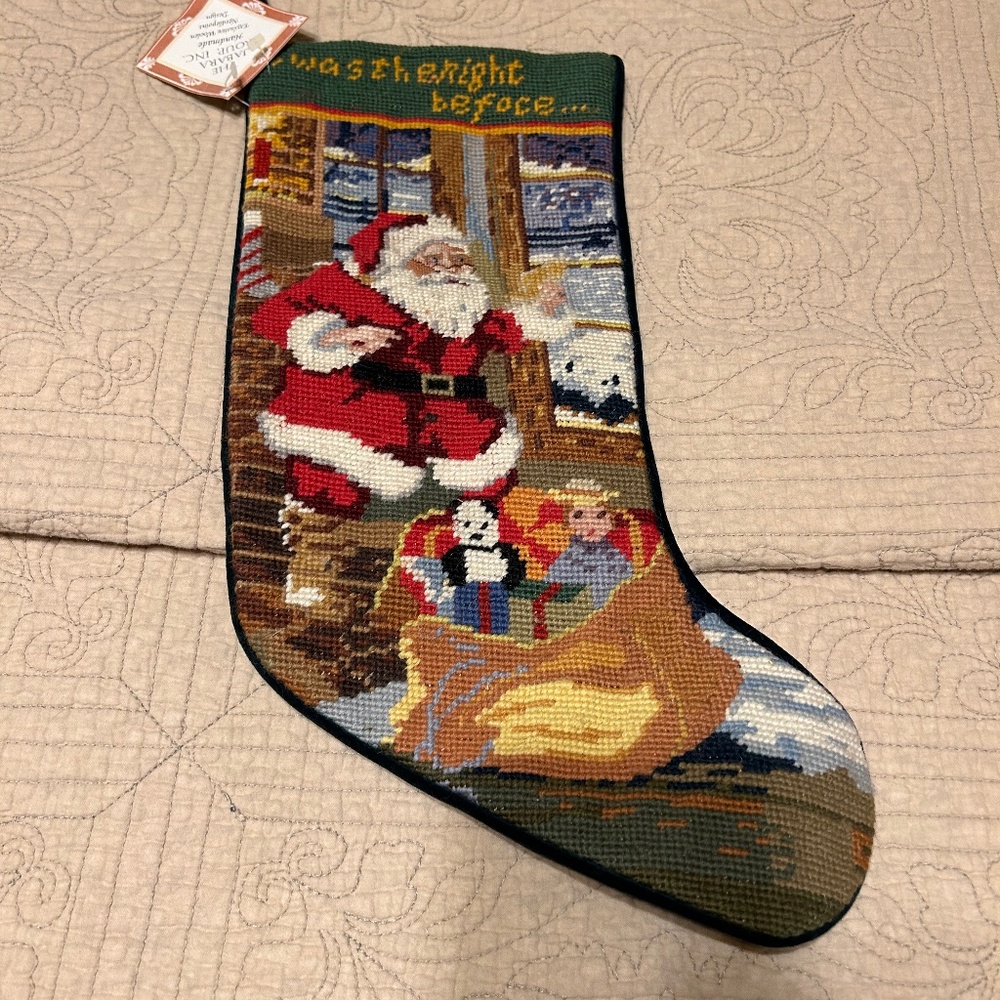 Vintage Handmade Wool Needlepoint Santa-Twas the Night Before Xmas 1995